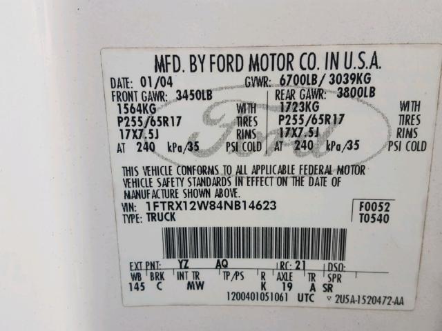 1FTRX12W84NB14623 - 2004 FORD F150 WHITE photo 10