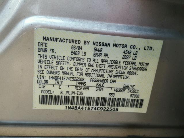 1N4BA41E74C922508 - 2004 NISSAN MAXIMA SE GOLD photo 10