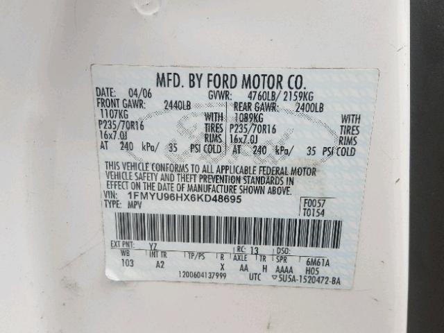 1FMYU96HX6KD48695 - 2006 FORD ESCAPE HEV WHITE photo 10