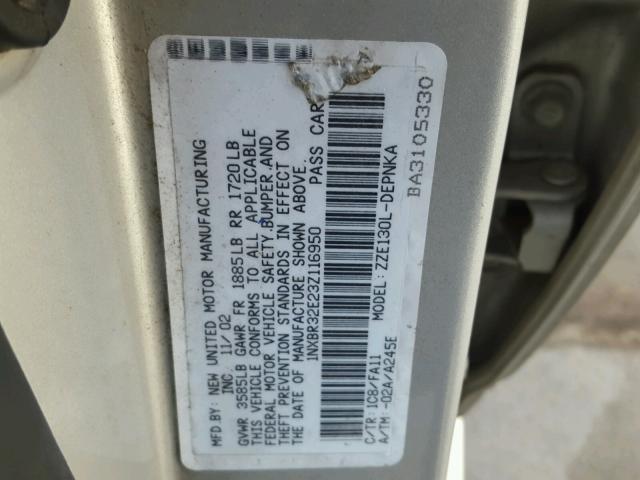 1NXBR32E23Z116950 - 2003 TOYOTA COROLLA CE SILVER photo 10