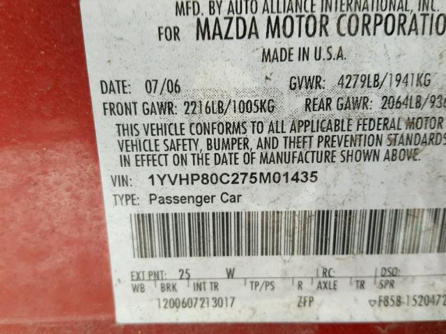 1YVHP80C275M01435 - 2007 MAZDA 6 I RED photo 10