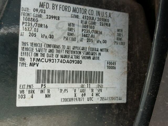 1FMCU93174DA09380 - 2004 FORD ESCAPE XLT GREEN photo 10