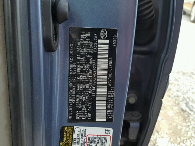4T1BE32K74U892266 - 2004 TOYOTA CAMRY LE BLUE photo 10