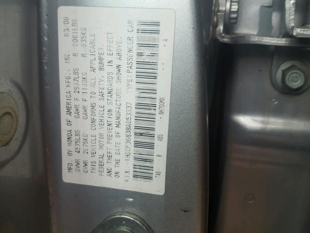 1HGCP36838A053337 - 2008 HONDA ACCORD EXL SILVER photo 10