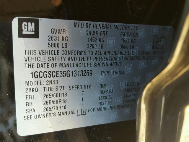 1GCGSCE35G1313269 - 2016 CHEVROLET COLORADO L BLACK photo 10
