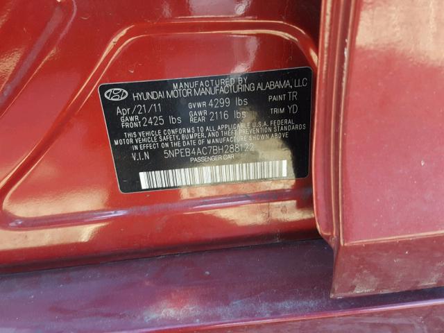 5NPEB4AC7BH288122 - 2011 HYUNDAI SONATA GLS RED photo 10