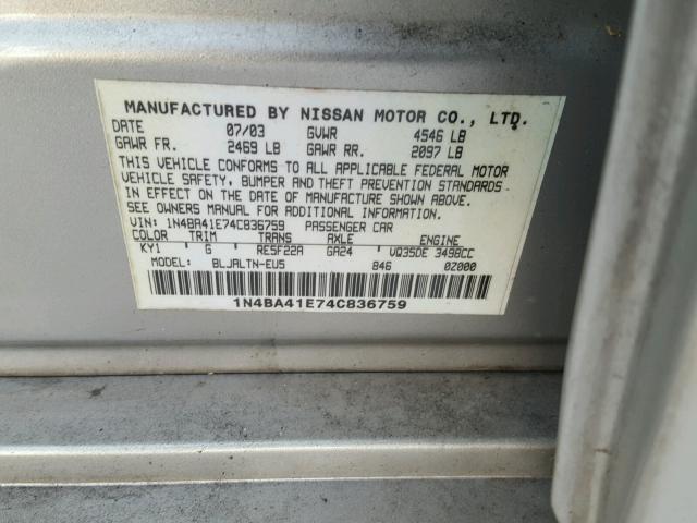 1N4BA41E74C836759 - 2004 NISSAN MAXIMA SE SILVER photo 10