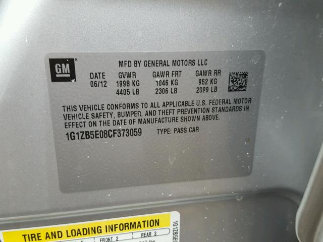 1G1ZB5E08CF373059 - 2012 CHEVROLET MALIBU LS ვერცხლისფერი ფოტო 10