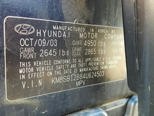 KM8SB12B84U624503 - 2004 HYUNDAI SANTA FE G BLUE photo 10