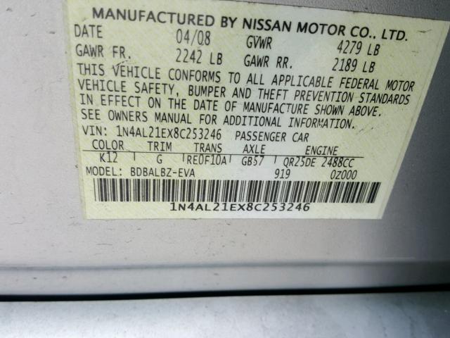 1N4AL21EX8C253246 - 2008 NISSAN ALTIMA 2.5 SILVER photo 10