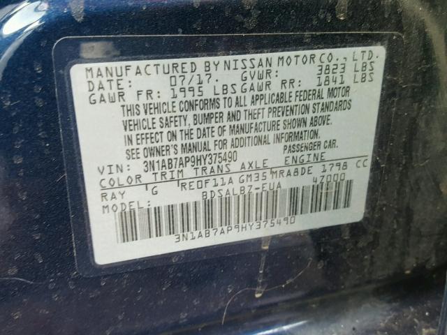 3N1AB7AP9HY375490 - 2017 NISSAN SENTRA S BLUE photo 10