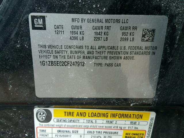 1G1ZB5E02CF247912 - 2012 CHEVROLET MALIBU LS შავი ფოტო 10