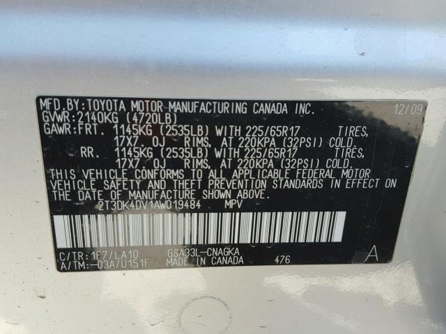 2T3DK4DV1AW019484 - 2010 TOYOTA RAV4 LIMIT SILVER photo 10