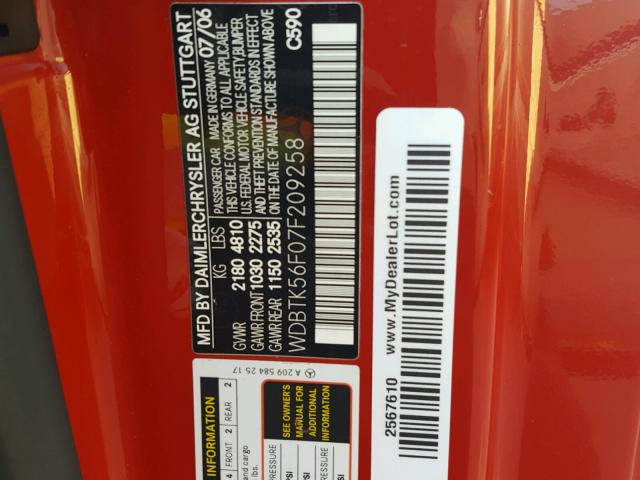 WDBTK56F07F209258 - 2007 MERCEDES-BENZ CLK 350 RED photo 10