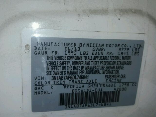 3N1AB7AP6DL746841 - 2013 NISSAN SENTRA S WHITE photo 10