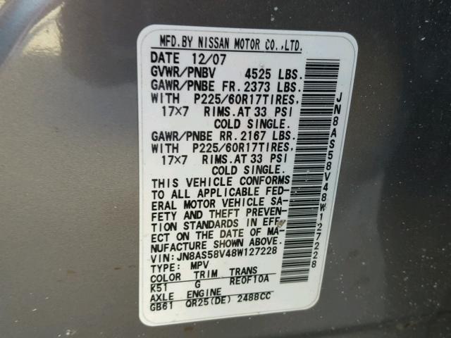 JN8AS58V48W127228 - 2008 NISSAN ROGUE S GRAY photo 10