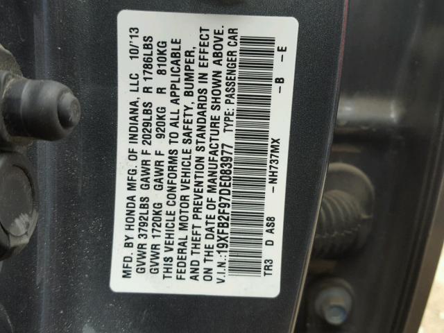 19XFB2F97DE083977 - 2013 HONDA CIVIC EXL GRAY photo 10