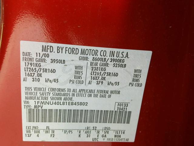 1FMNU40L81EB45802 - 2001 FORD EXCURSION RED photo 10