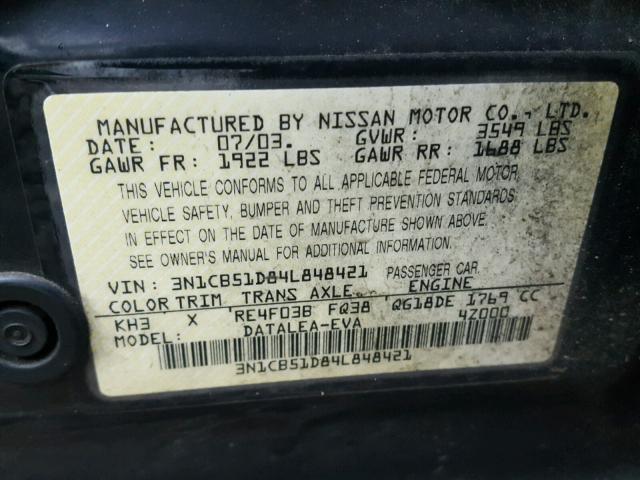 3N1CB51D84L848421 - 2004 NISSAN SENTRA 1.8 BLACK photo 10