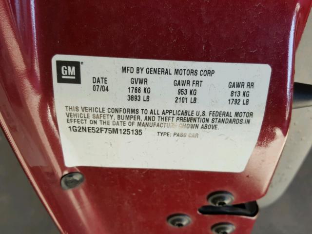 1G2NE52F75M125135 - 2005 PONTIAC GRAND AM S ბურგუნდია ფოტო 10