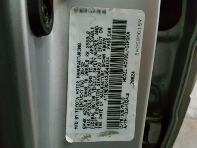 4T1BE30K43U648124 - 2003 TOYOTA CAMRY LE TAN photo 10