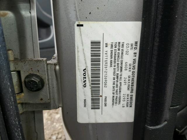 YV1TS92D121269062 - 2002 VOLVO S80 SILVER photo 10