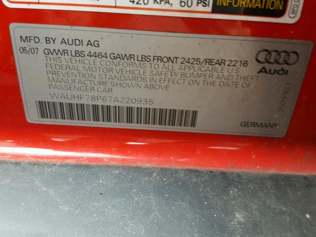 WAUHF78P67A220935 - 2007 AUDI A3 2 RED photo 10