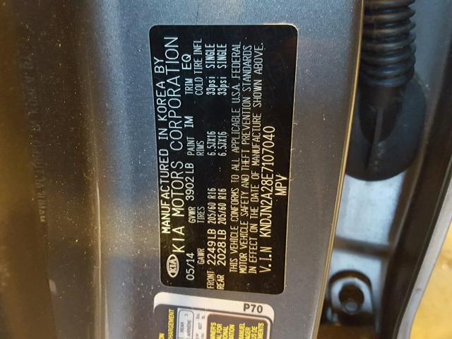 KNDJN2A28E7107040 - 2014 KIA SOUL GRAY photo 10