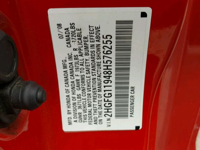 2HGFG11948H576255 - 2008 HONDA CIVIC EXL RED photo 10