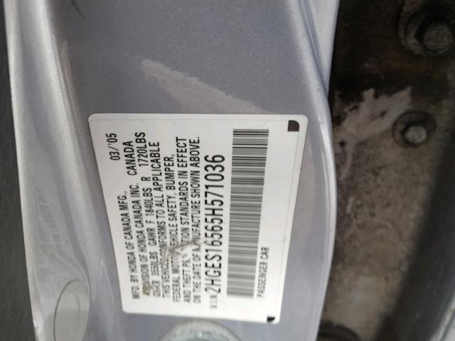 2HGES16565H571036 - 2005 HONDA CIVIC LX SILVER photo 10