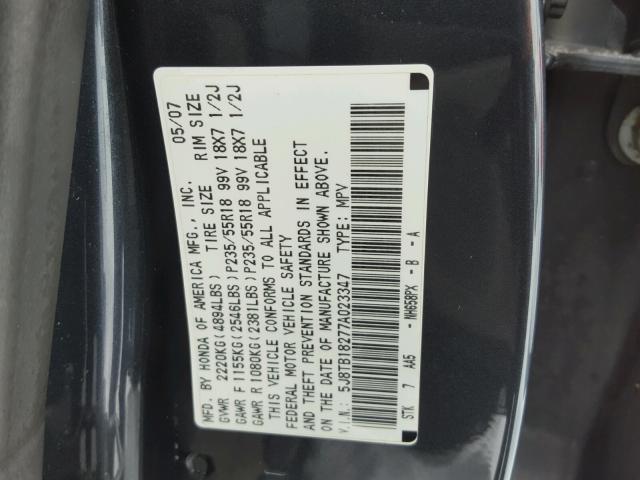 5J8TB18277A023347 - 2007 ACURA RDX GRAY photo 10