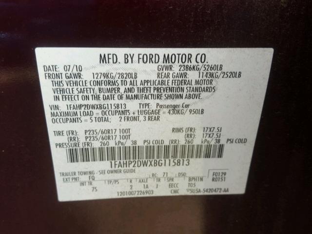 1FAHP2DWXBG115813 - 2011 FORD TAURUS SE MAROON photo 10