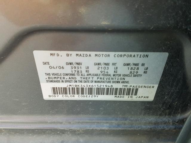 JM1BK343X61521948 - 2006 MAZDA 3 HATCHBAC GRAY photo 10