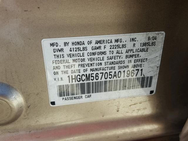 1HGCM56705A019671 - 2005 HONDA ACCORD EX GOLD photo 10