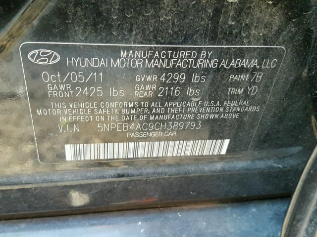 5NPEB4AC9CH389793 - 2012 HYUNDAI SONATA GLS BLACK photo 10