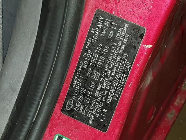 KMHDN56DX4U105620 - 2004 HYUNDAI ELANTRA GL RED photo 10