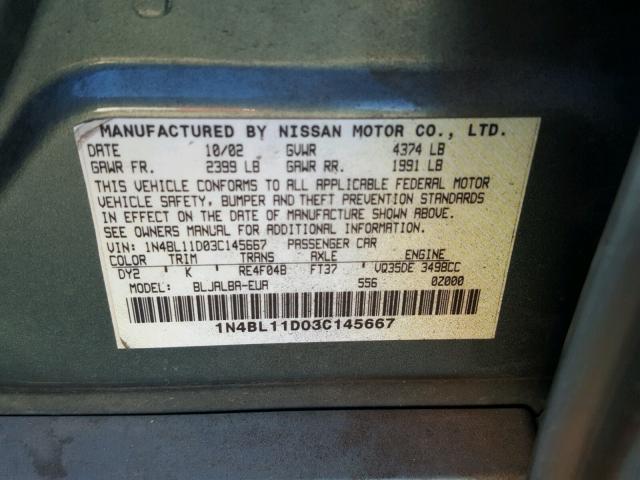 1N4BL11D03C145667 - 2003 NISSAN ALTIMA SE GREEN photo 10