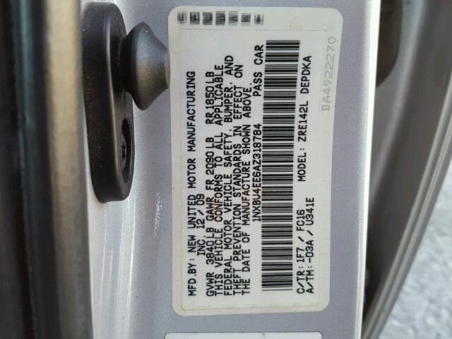 1NXBU4EE6AZ318784 - 2010 TOYOTA COROLLA BA SILVER photo 10