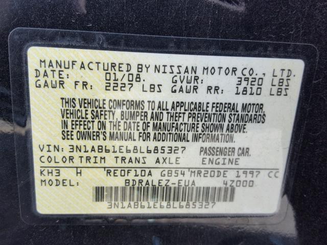 3N1AB61E68L685327 - 2008 NISSAN SENTRA 2.0 BLACK photo 10