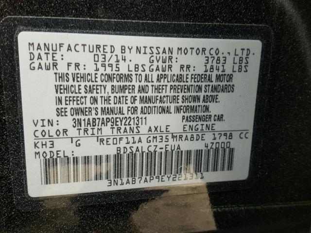 3N1AB7AP9EY221311 - 2014 NISSAN SENTRA S BLACK photo 10