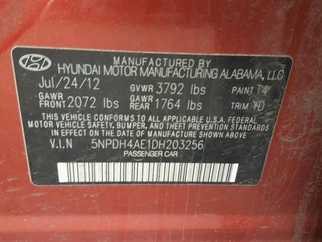 5NPDH4AE1DH203256 - 2013 HYUNDAI ELANTRA GL RED photo 10