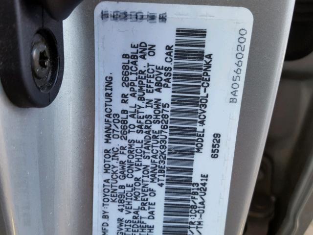 4T1BE32K93U762875 - 2003 TOYOTA CAMRY LE SILVER photo 10