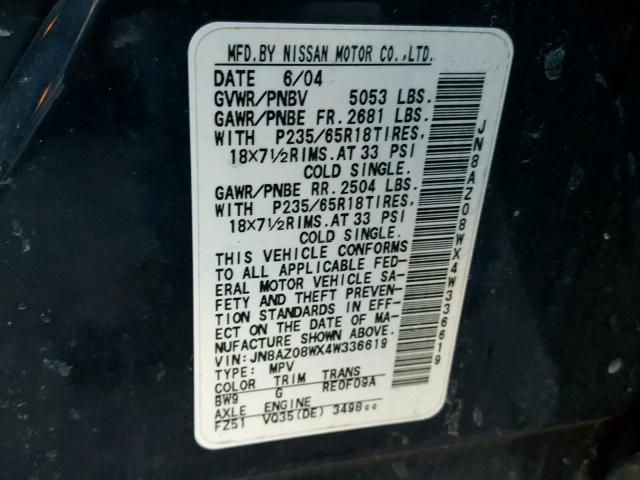 JN8AZ08WX4W336619 - 2004 NISSAN MURANO SL BLUE photo 10