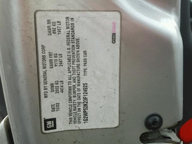 1G2WP52K23F124925 - 2003 PONTIAC GRAND PRIX SILVER photo 10