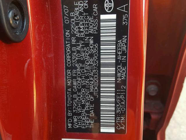 JTDKB20U373290356 - 2007 TOYOTA PRIUS RED photo 10