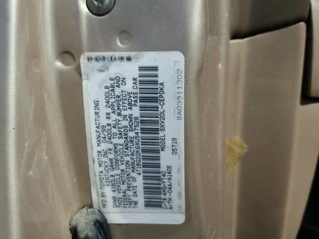 4T1BG22K6XU547528 - 1999 TOYOTA CAMRY CE BEIGE photo 10