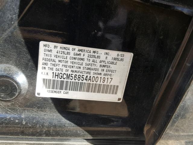 1HGCM56854A001917 - 2004 HONDA ACCORD EX BLACK photo 10