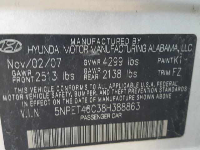 5NPET46C38H388863 - 2008 HYUNDAI SONATA GLS SILVER photo 10