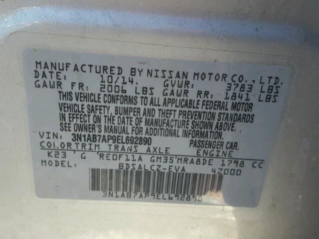 3N1AB7AP9EL692890 - 2014 NISSAN SENTRA S SILVER photo 10