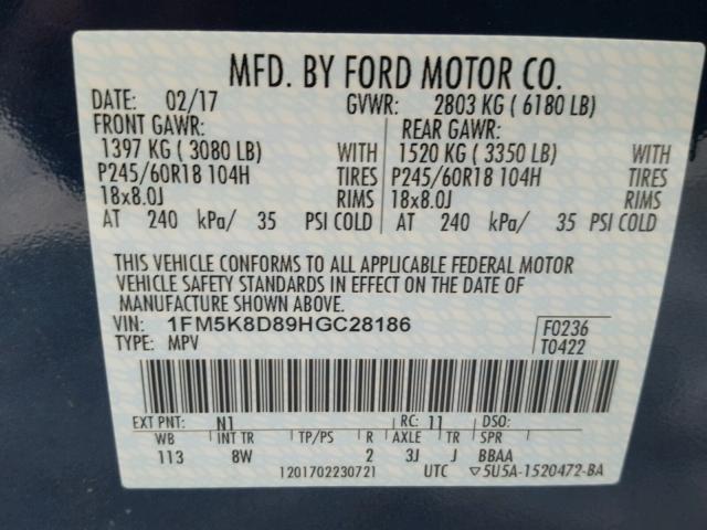 1FM5K8D89HGC28186 - 2017 FORD EXPLORER X BLUE photo 10